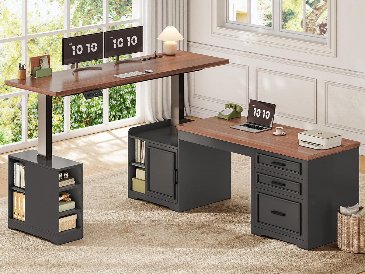 L Shaped Height Adjustable Standing Desk with Drawers and Shelves S8396