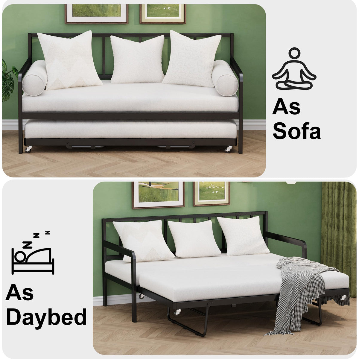 Twin Daybed with Pop Up Trundle, Metal Steel Slats, Black O1793