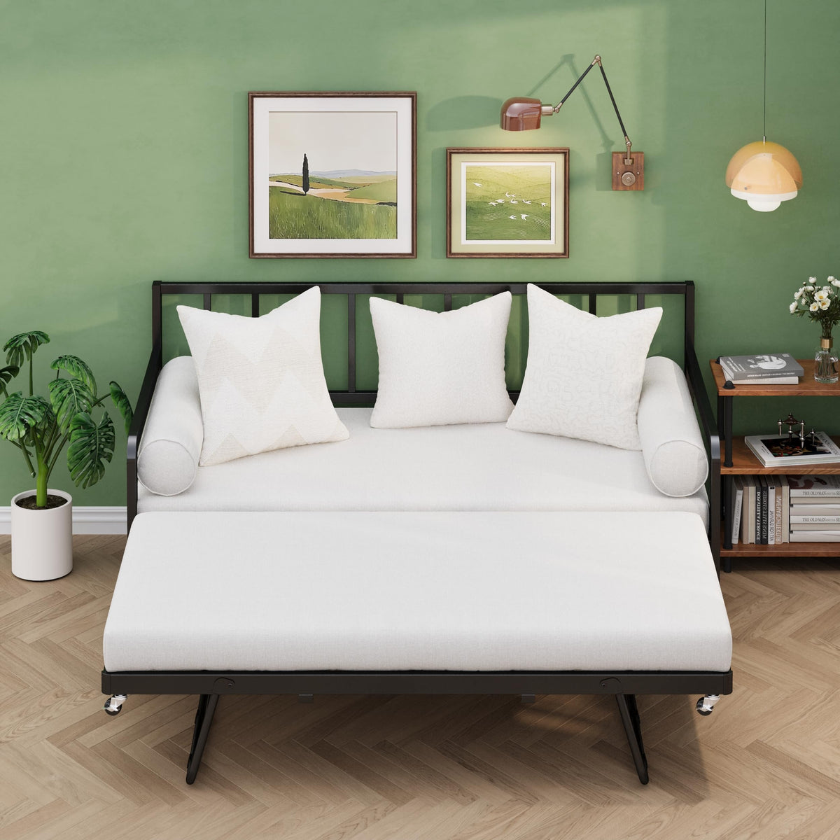 Twin Daybed with Pop Up Trundle, Metal Steel Slats, Black O1793