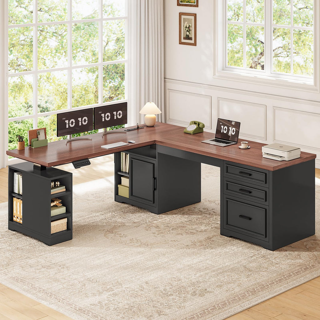 L Shaped Height Adjustable Standing Desk with Drawers and Shelves S8396