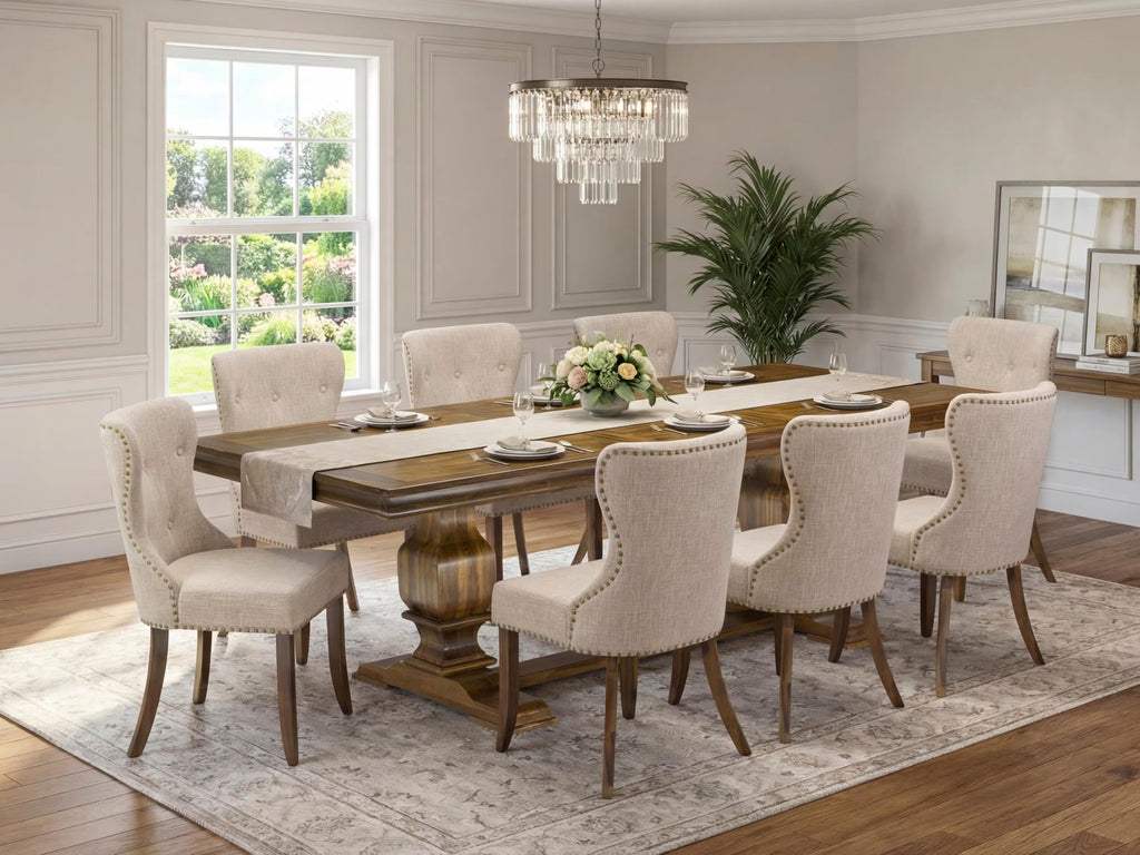 9 Pc Mid Century Dining Table Set with 8 Light Tan Linen Chairs Q63801
