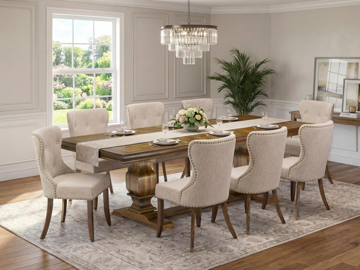 9 Pc Mid Century Dining Table Set with 8 Light Tan Linen Chairs Q63801