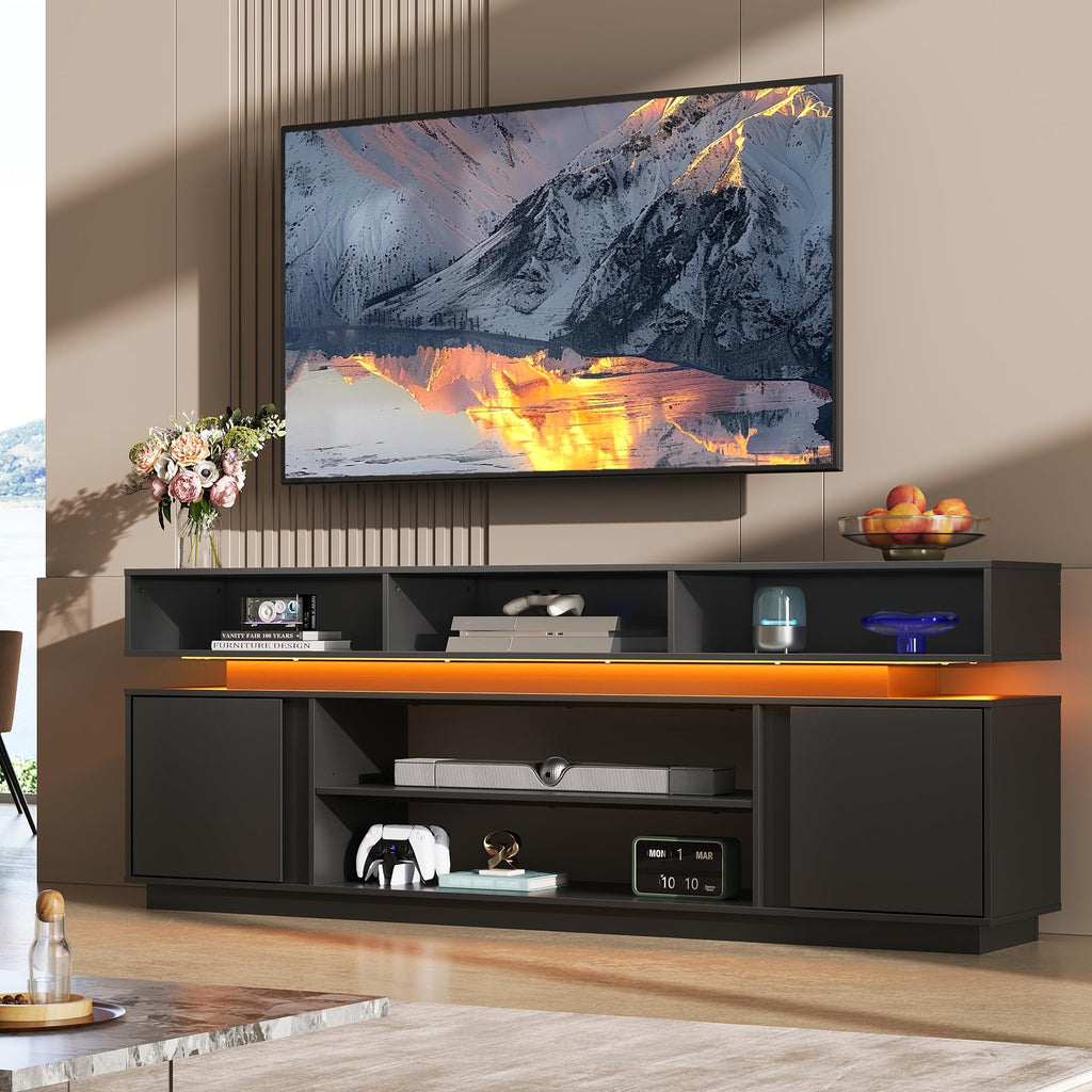 Black 2 Tier TV Stand with RGB LED Lights and Storage Cabinets F3566