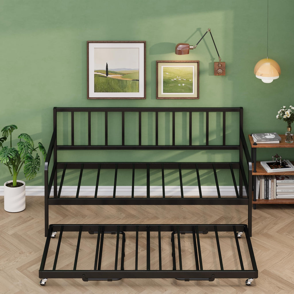 Twin Daybed with Pop Up Trundle, Metal Steel Slats, Black O1793