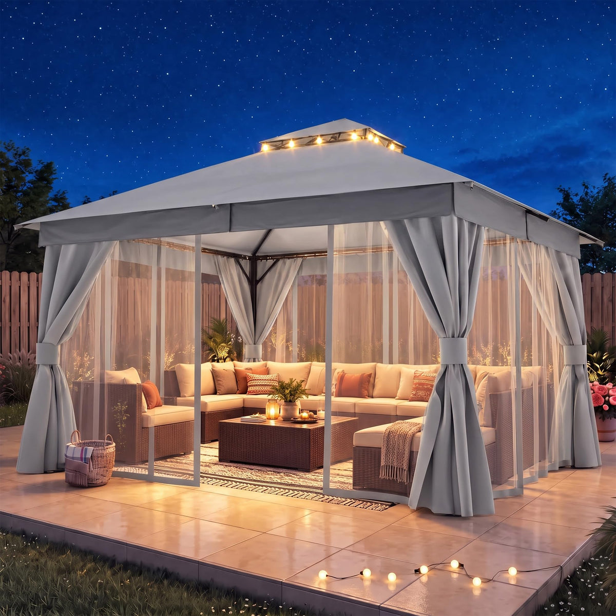 12x12 Gazebo Canopy with Netting, Curtains & Double Roof T7769