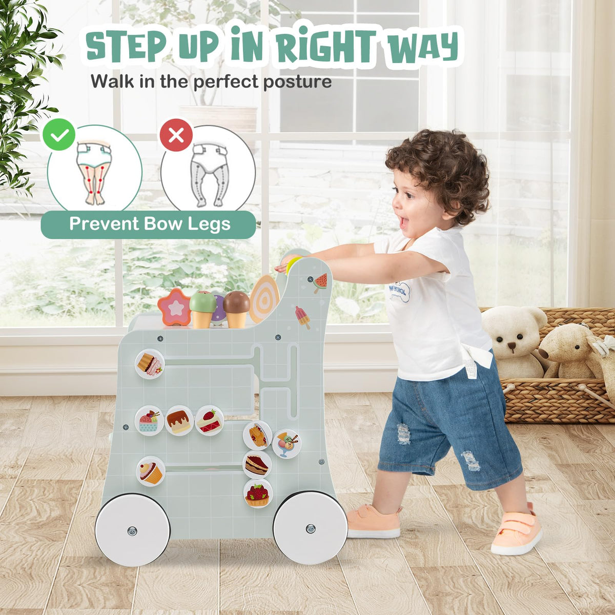 Wooden Baby Walker with Storage and Wheels Y827