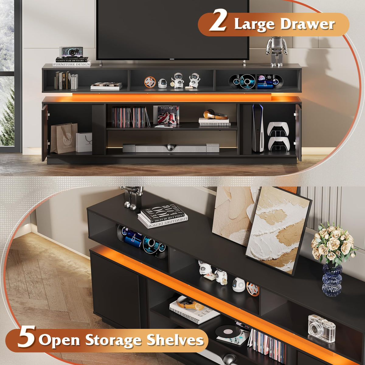 Black 2 Tier TV Stand with RGB LED Lights and Storage Cabinets F3566