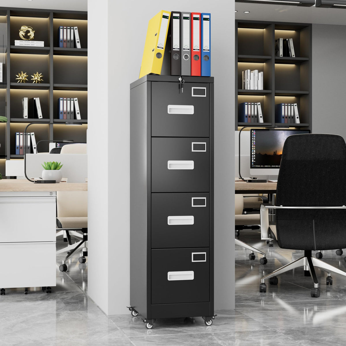 Metal 4 Drawer File Cabinet with Lock and Wheels, Black D848446