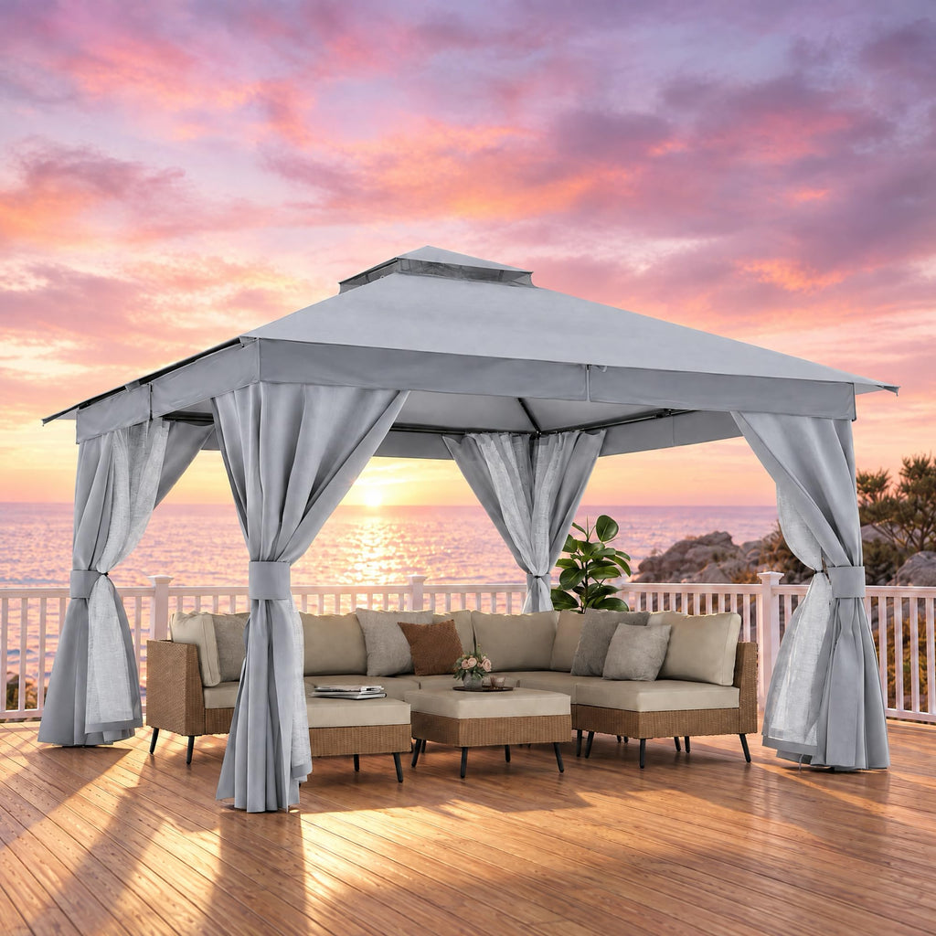 12x12 Gazebo Canopy with Netting, Curtains & Double Roof T7769