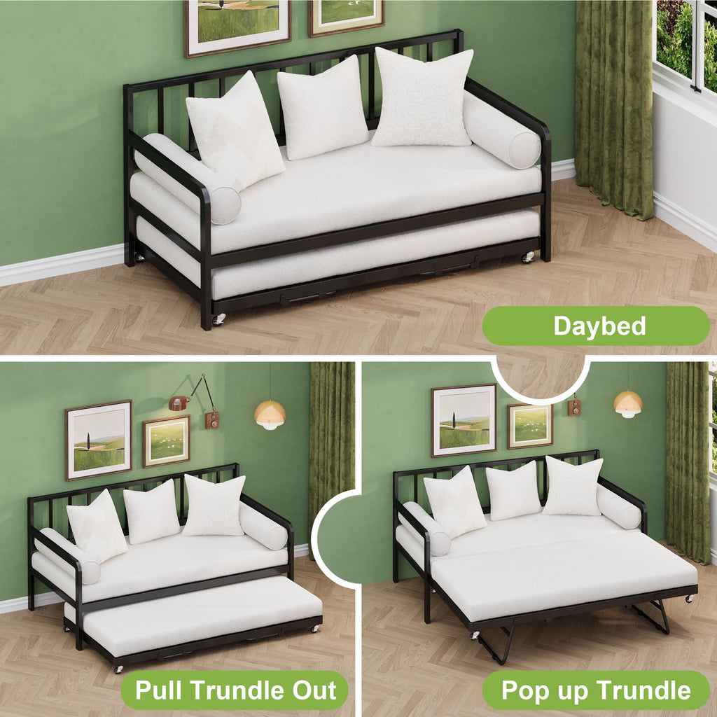 Twin Daybed with Pop Up Trundle, Metal Steel Slats, Black O1793
