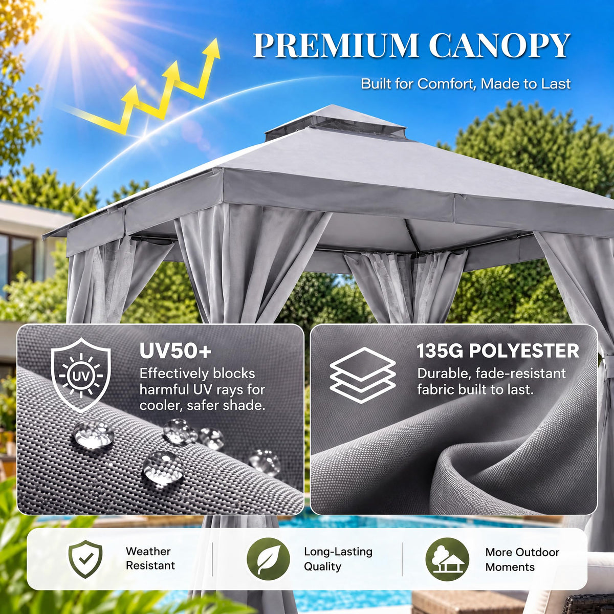 12x12 Gazebo Canopy with Netting, Curtains & Double Roof T7769