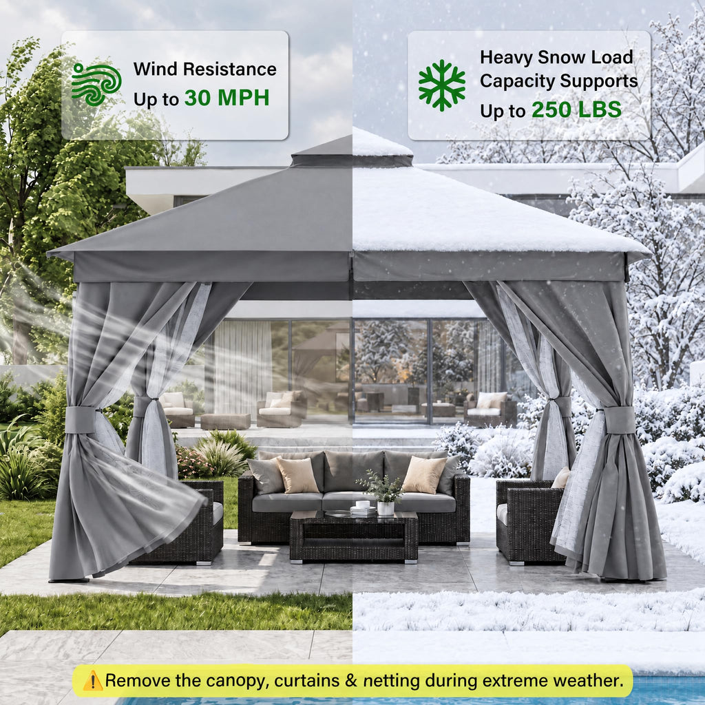 12x12 Gazebo Canopy with Netting, Curtains & Double Roof T7769