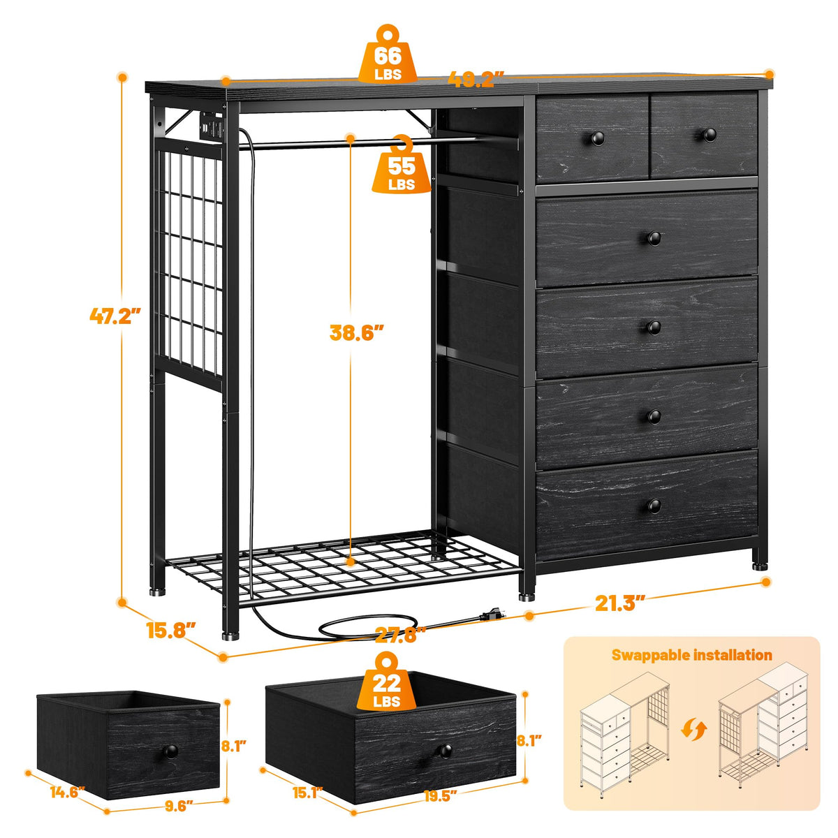 49.2" W Dresser with Hanging Rack & 6 Drawers T655