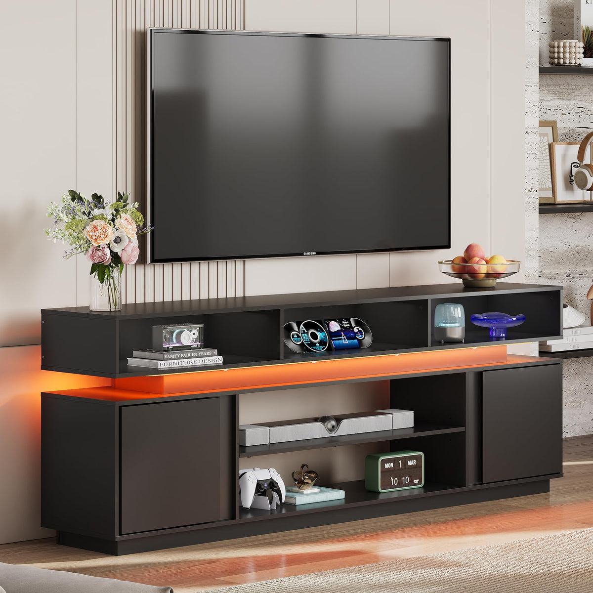 Black 2 Tier TV Stand with RGB LED Lights and Storage Cabinets F3566