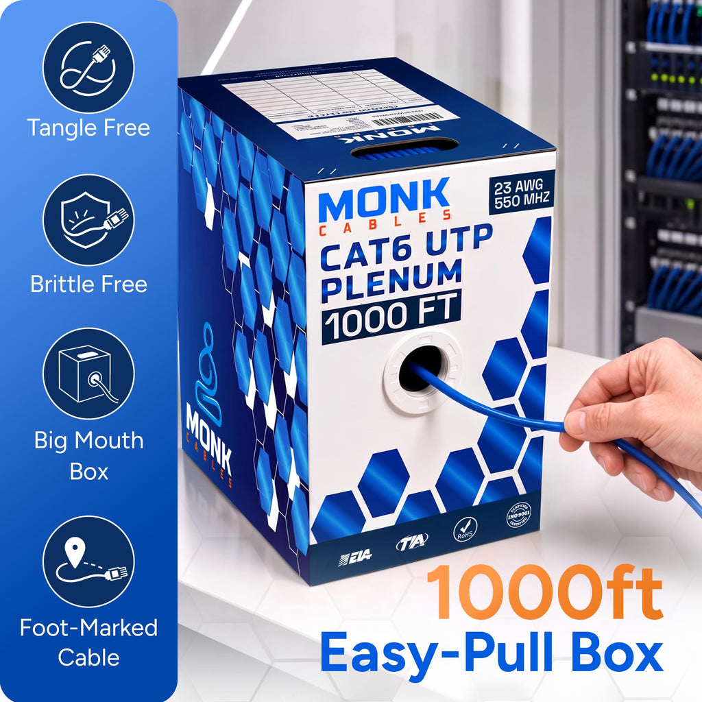 CAT6 Plenum Cable 1000ft UTP 23AWG 550MHz Blue U6606