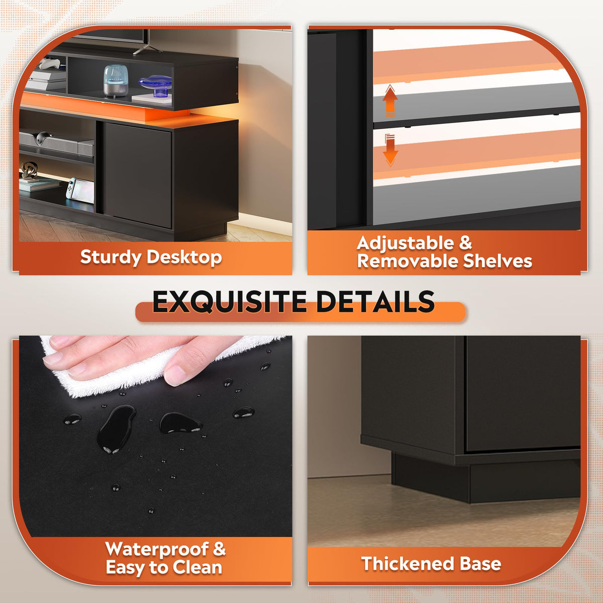 Black 2 Tier TV Stand with RGB LED Lights and Storage Cabinets F3566