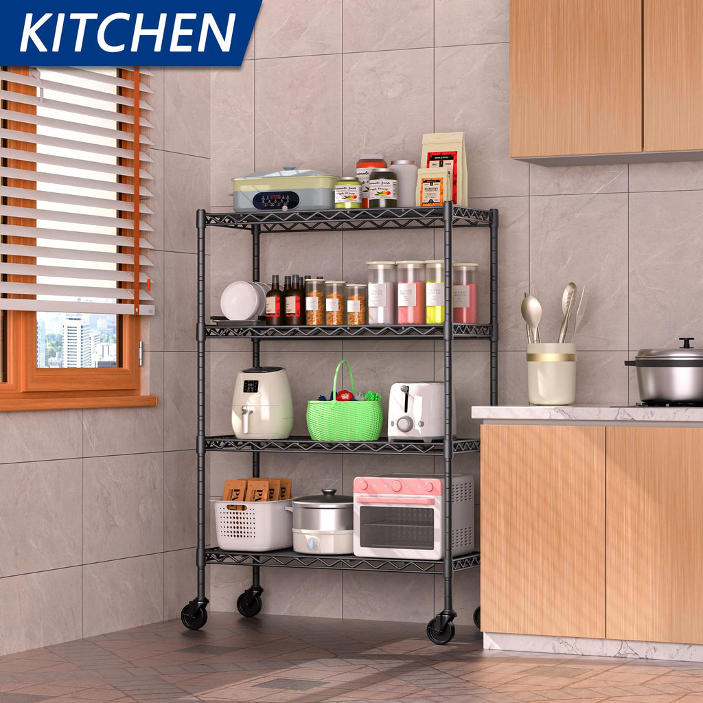4-Shelf Adjustable Metal Storage Shelving Unit on Wheels, Black L211