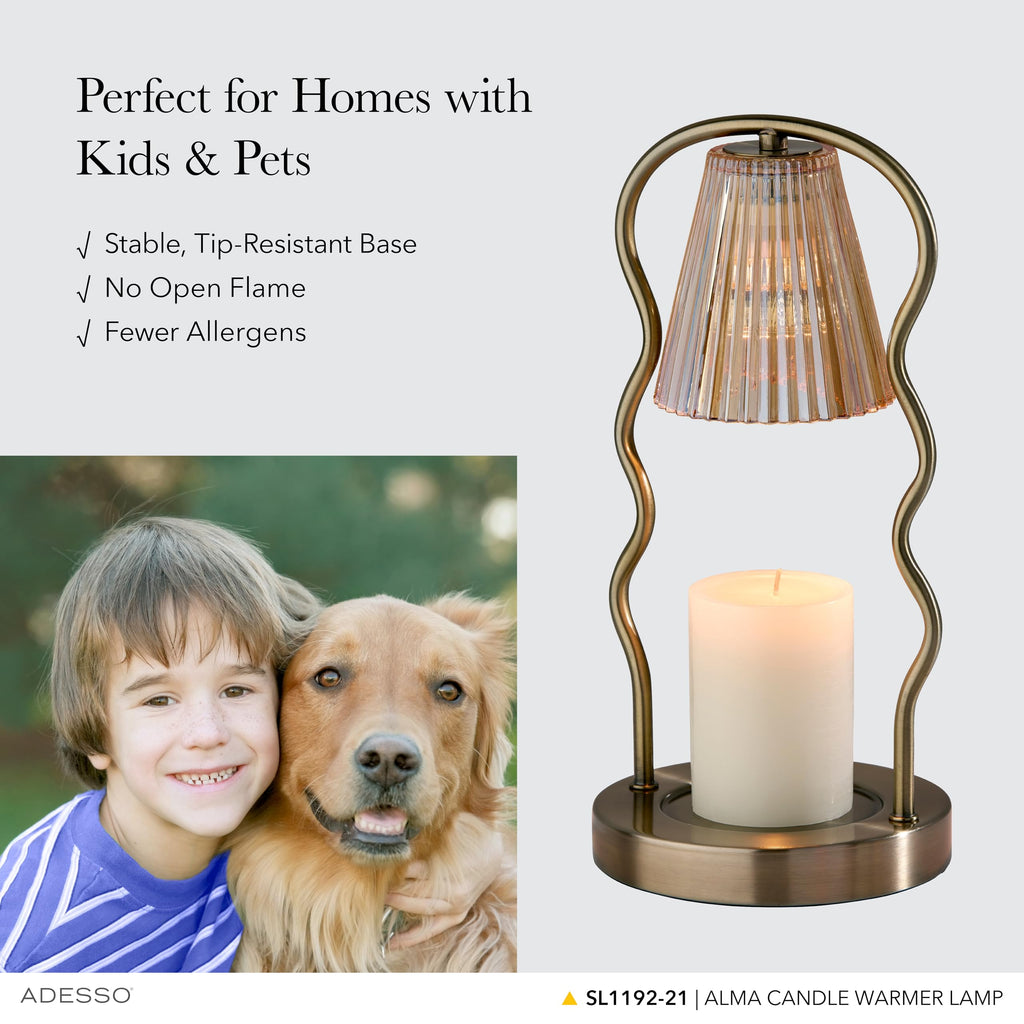 Candle Warmer Lamp, Antique Brass & Ribbed Glass, Dimmable V69692