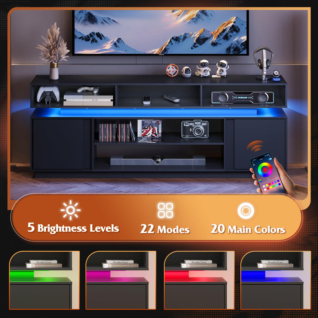 Black 2 Tier TV Stand with RGB LED Lights and Storage Cabinets F3566