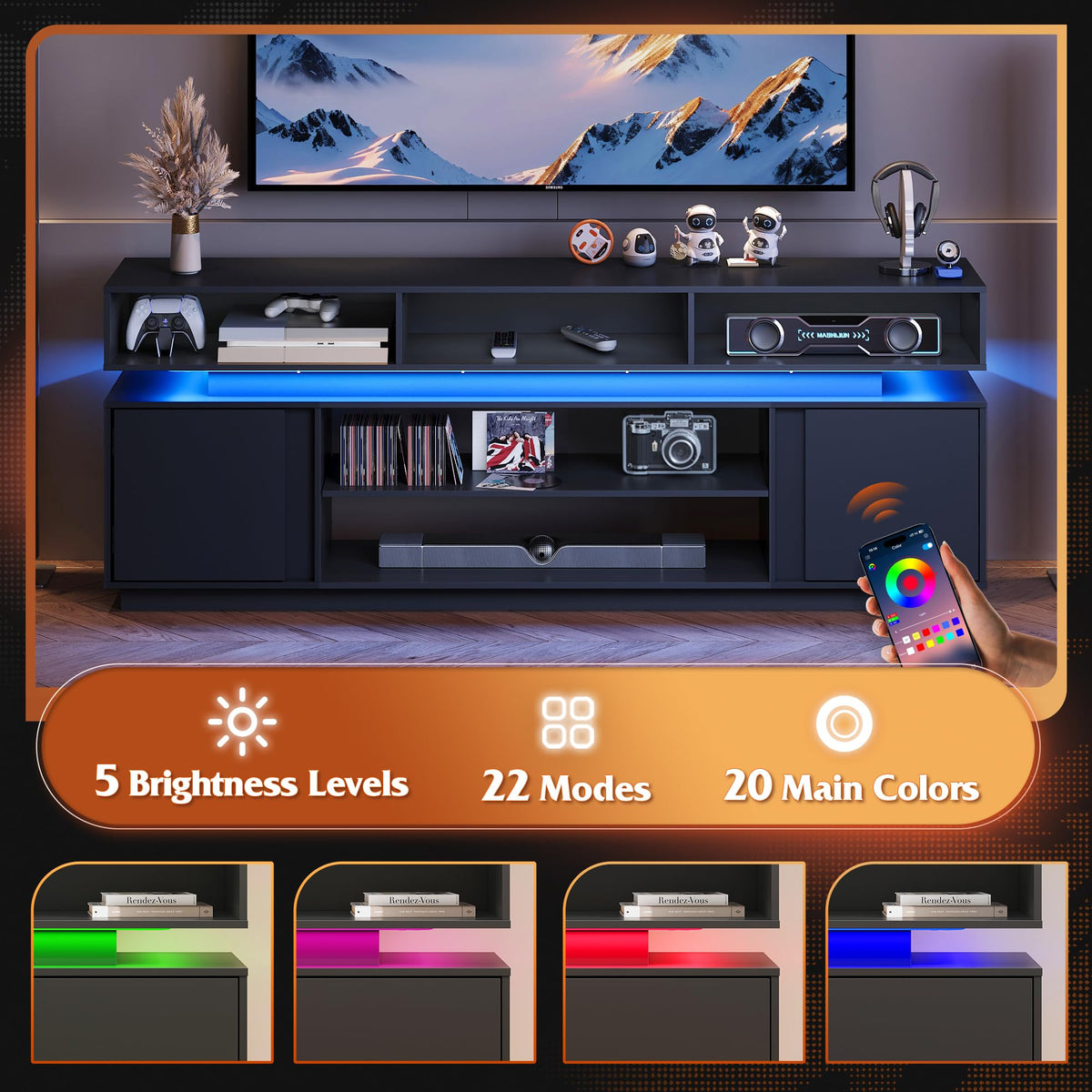Black 2 Tier TV Stand with RGB LED Lights and Storage Cabinets F3566