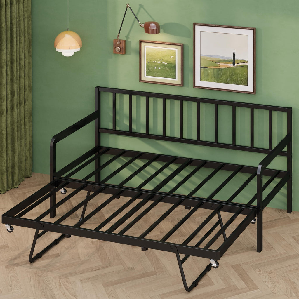 Twin Daybed with Pop Up Trundle, Metal Steel Slats, Black O1793