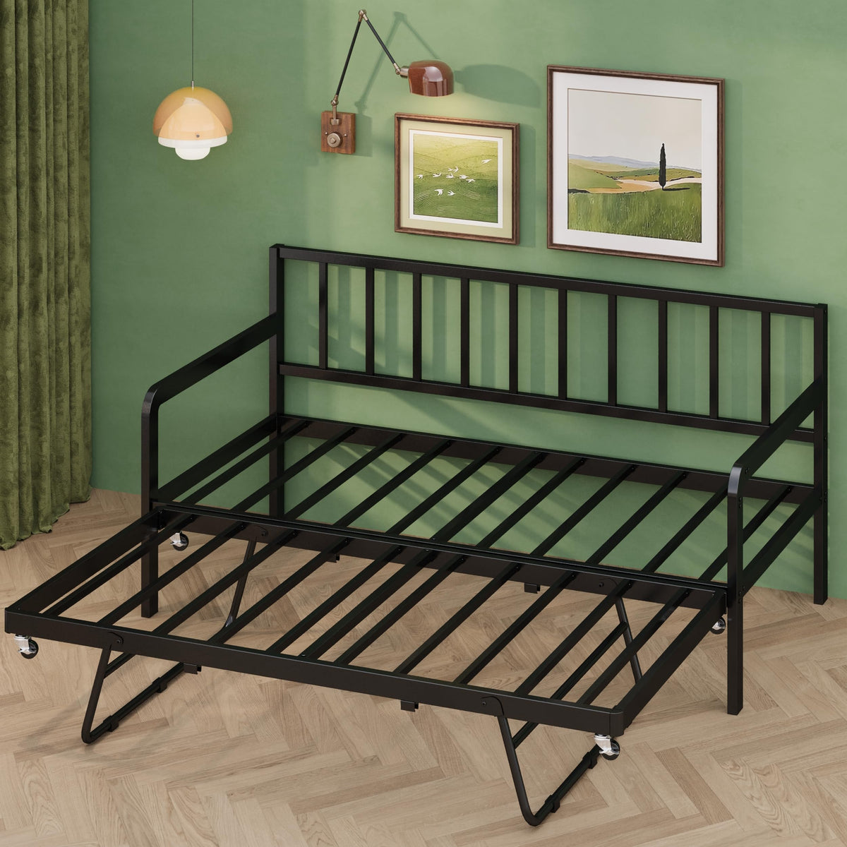 Twin Daybed with Pop Up Trundle, Metal Steel Slats, Black O1793