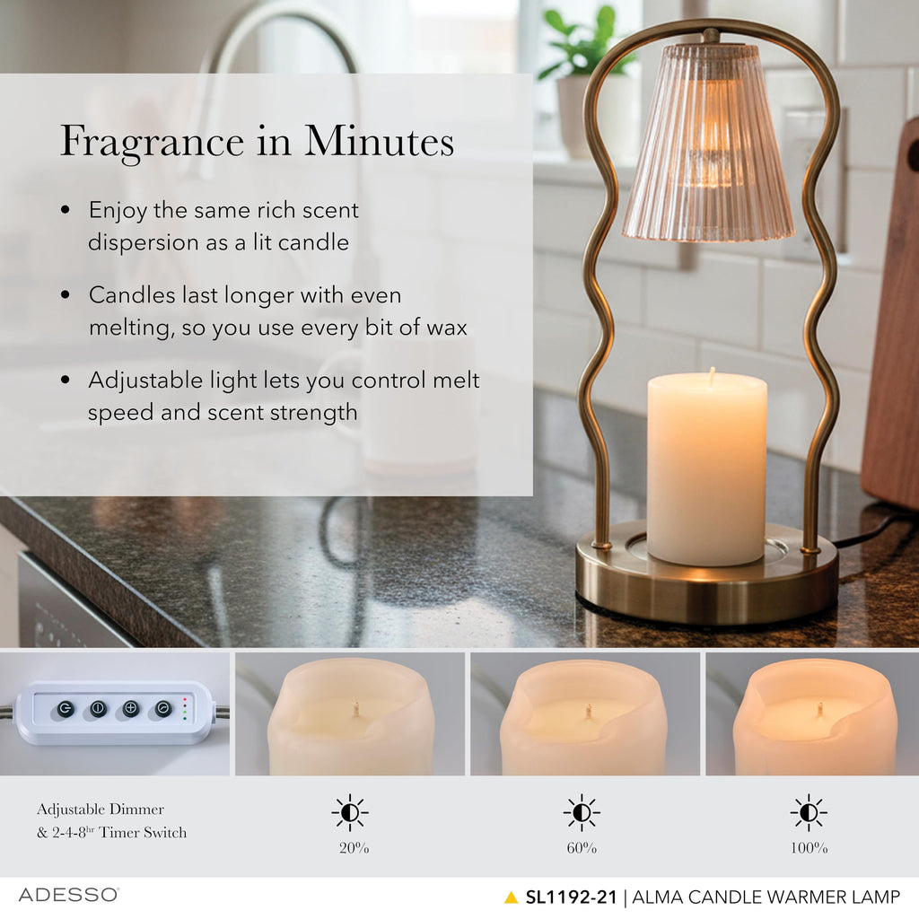 Candle Warmer Lamp, Antique Brass & Ribbed Glass, Dimmable V69692