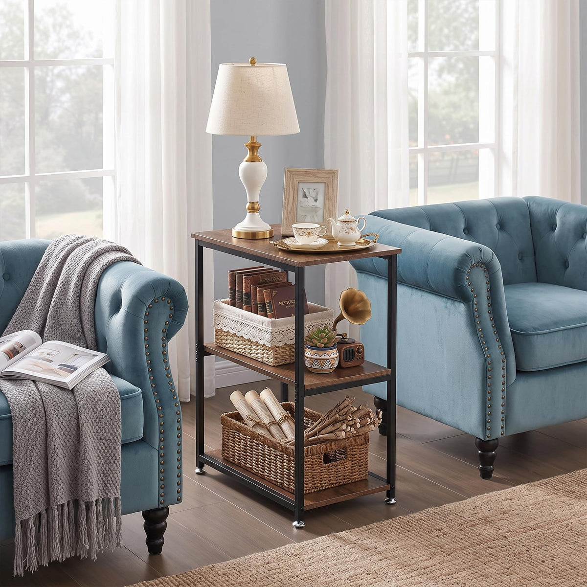 Tall End Side Table with 3-Tier Storage Shelf L558