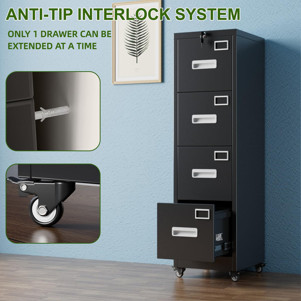 Metal 4 Drawer File Cabinet with Lock and Wheels, Black D848446