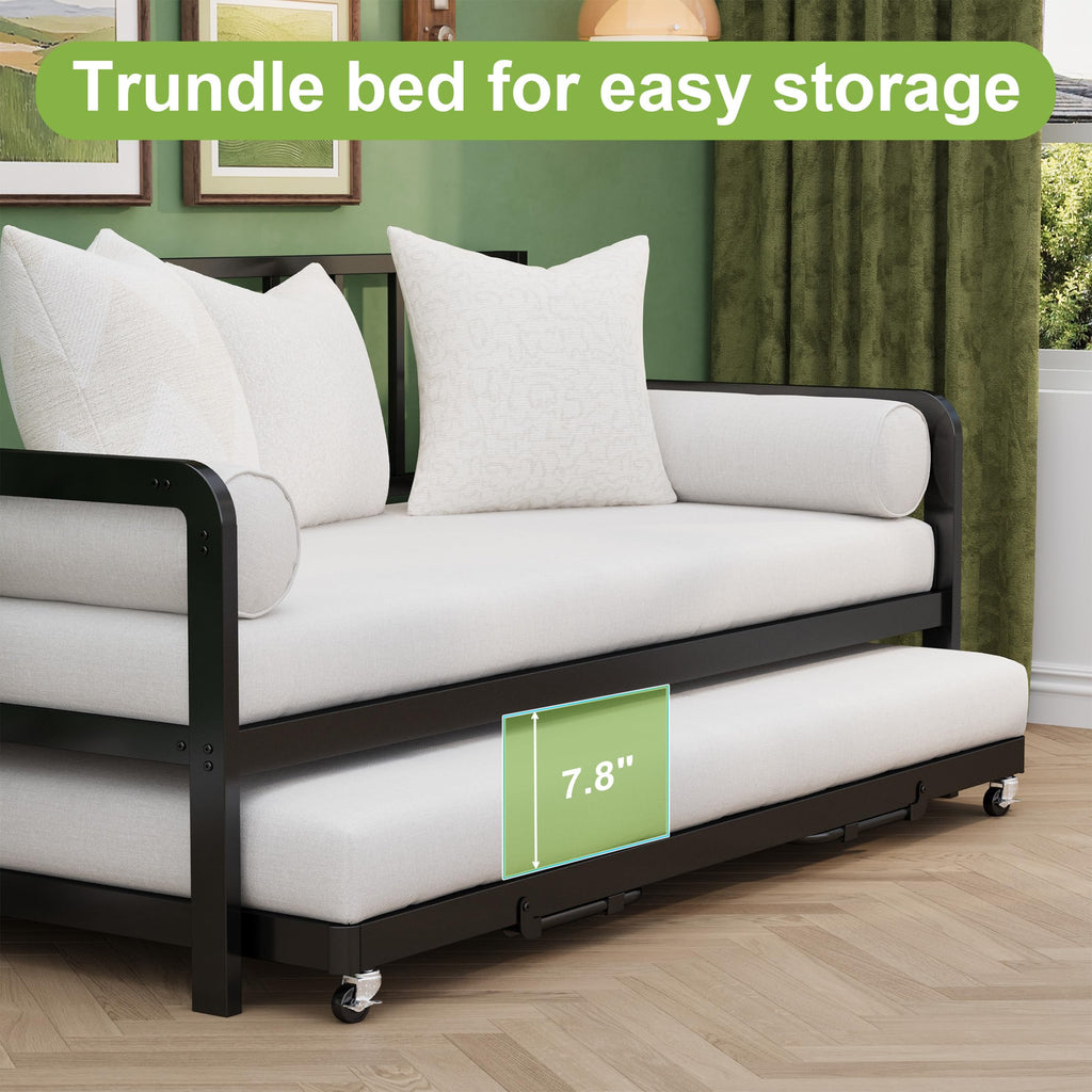 Twin Daybed with Pop Up Trundle, Metal Steel Slats, Black O1793