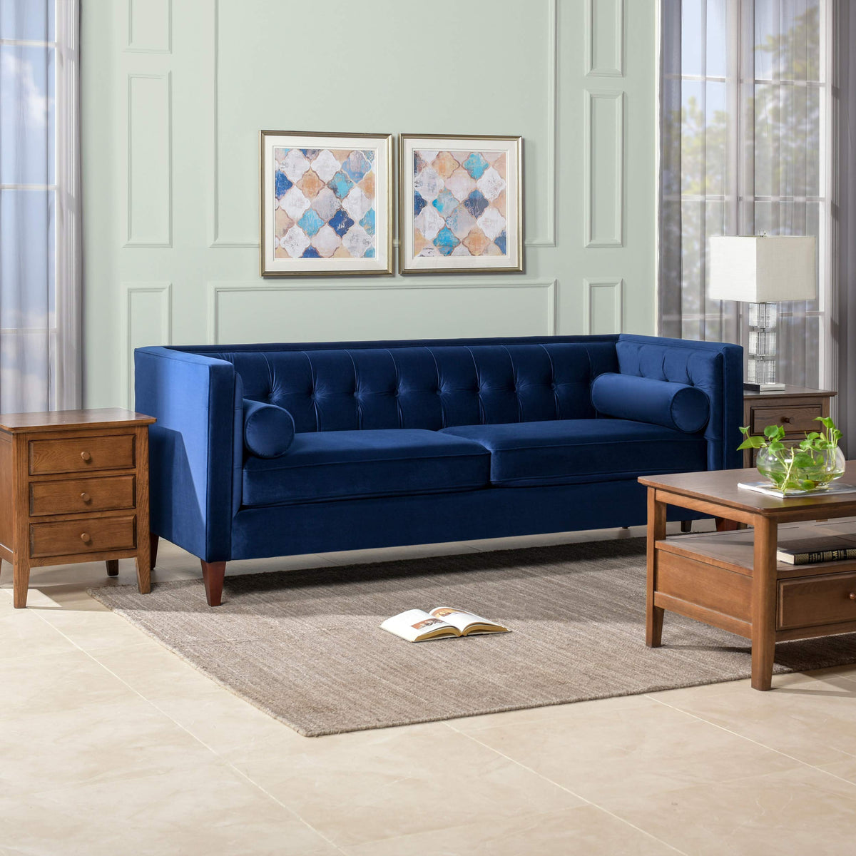Navy Blue Velvet Tufted Sofa U12358