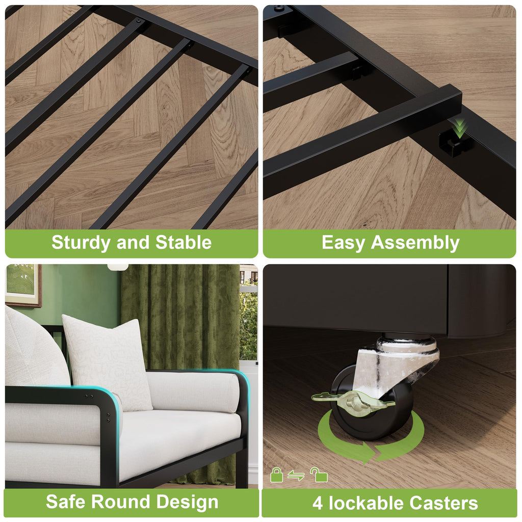 Twin Daybed with Pop Up Trundle, Metal Steel Slats, Black O1793