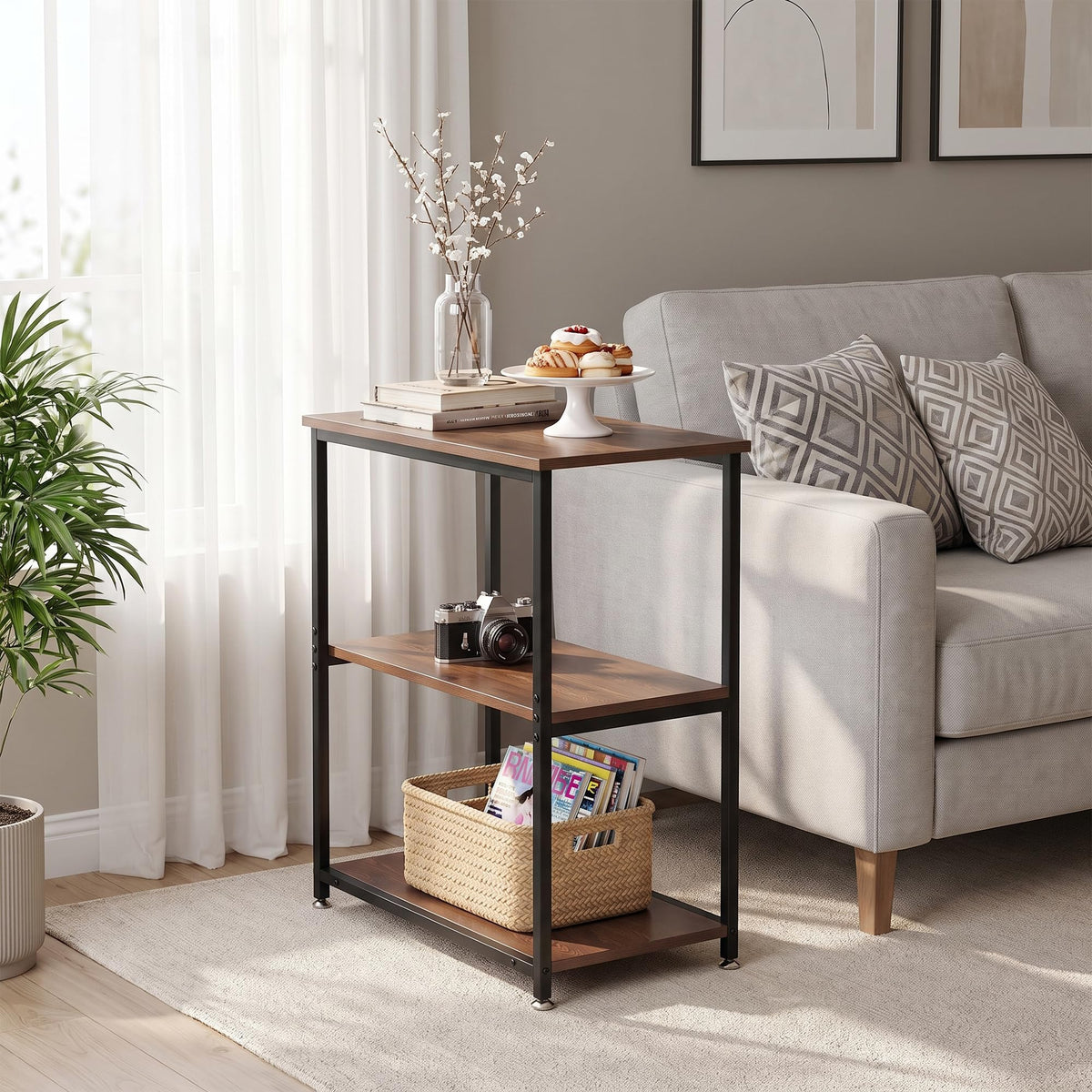 Tall End Side Table with 3-Tier Storage Shelf L558