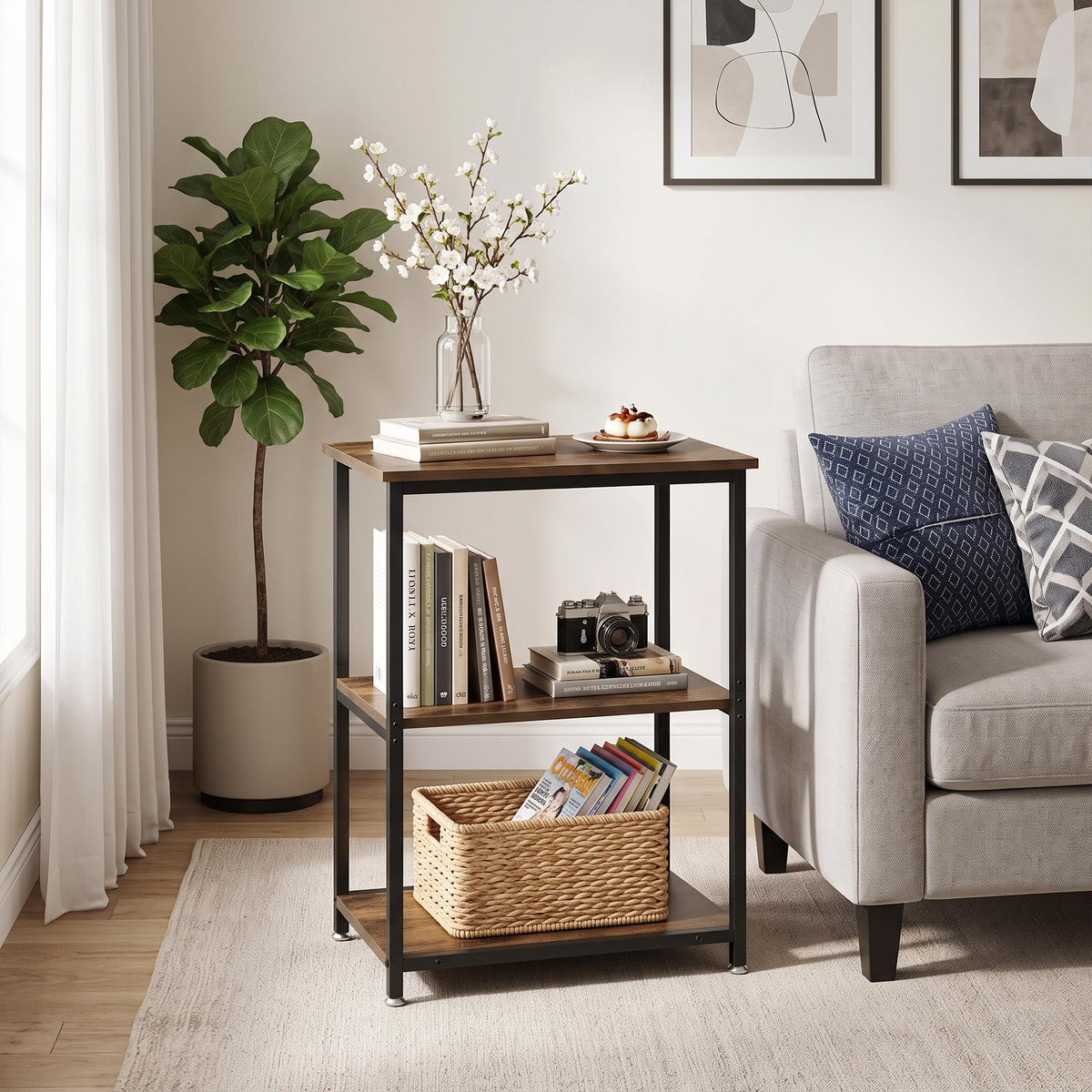 Tall End Side Table with 3-Tier Storage Shelf L558