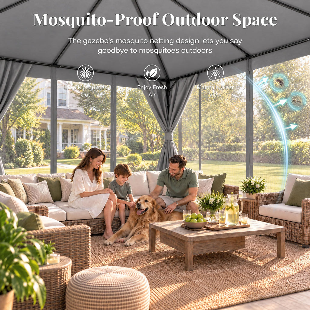 12x12 Gazebo Canopy with Netting, Curtains & Double Roof T7769